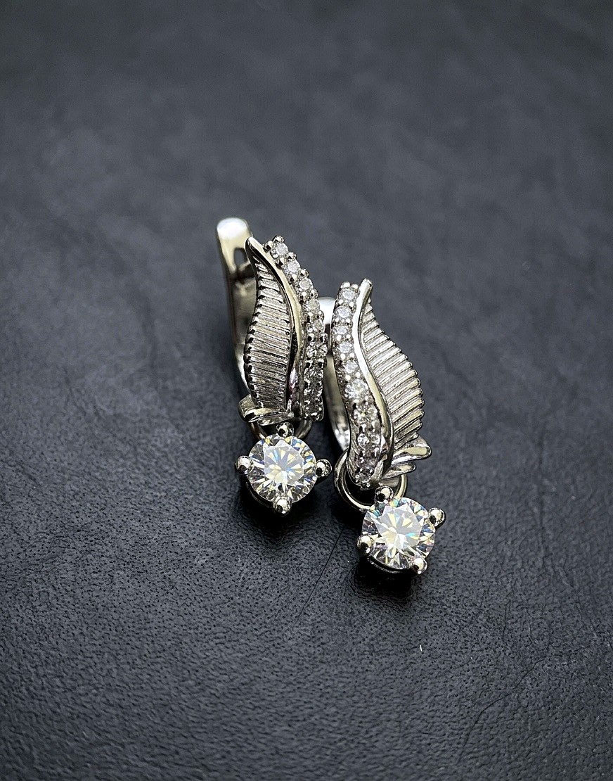 Diamond feather-motif drop earrings