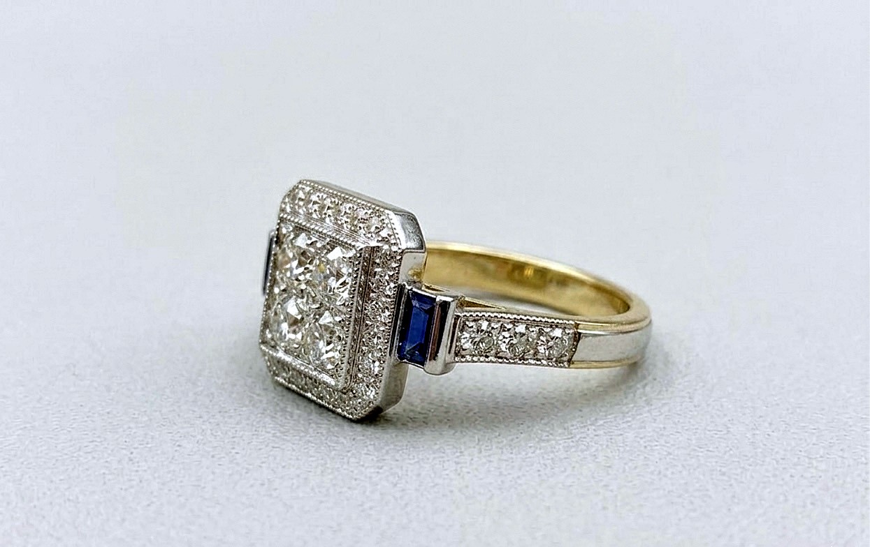 Art deco style diamond and sapphire ring