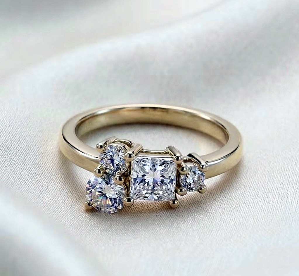 Yellow gold princess-cut diamond cluster engagement ring