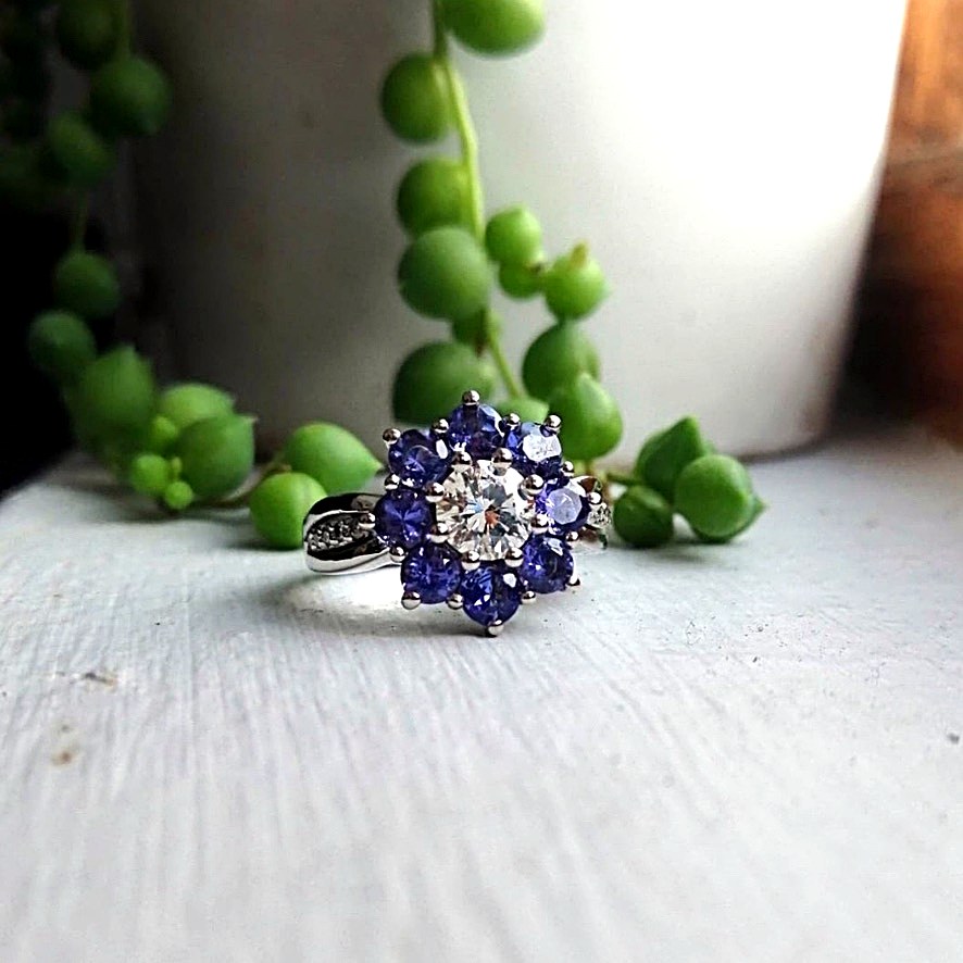 Bespoke tanzanite and diamond cluster ring
